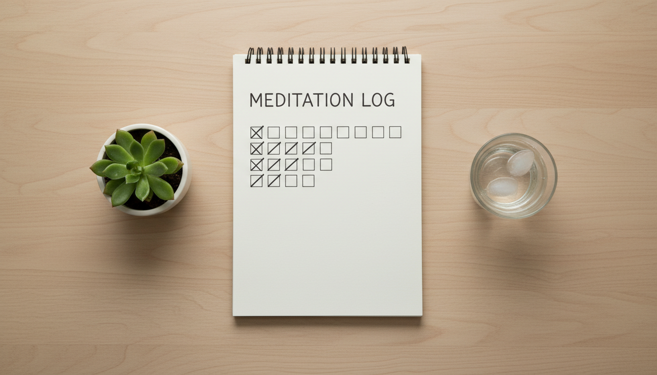 Minimalist top-down view of a wooden table featuring a weekly planner with 'Meditation Log' written on it, a small green plant, and a glass of water. Seven checkboxes are partially filled, symbolizing the 7-day discovery protocol.