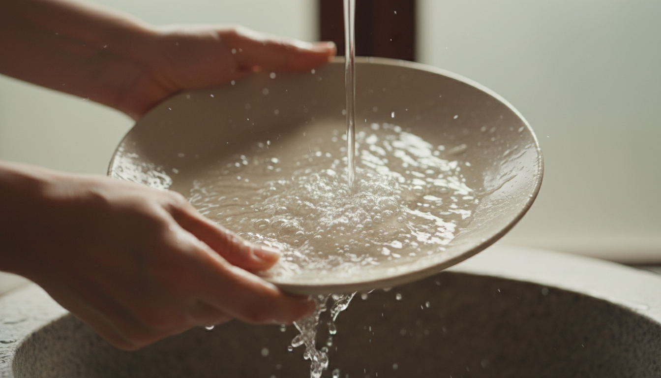 Macro photography of hands washing a ceramic plate under a stream of crystalline water, where every water droplet and bubble is sharp and glowing, capturing the beauty of a mundane task, Zen aesthetic, soft natural lighting.