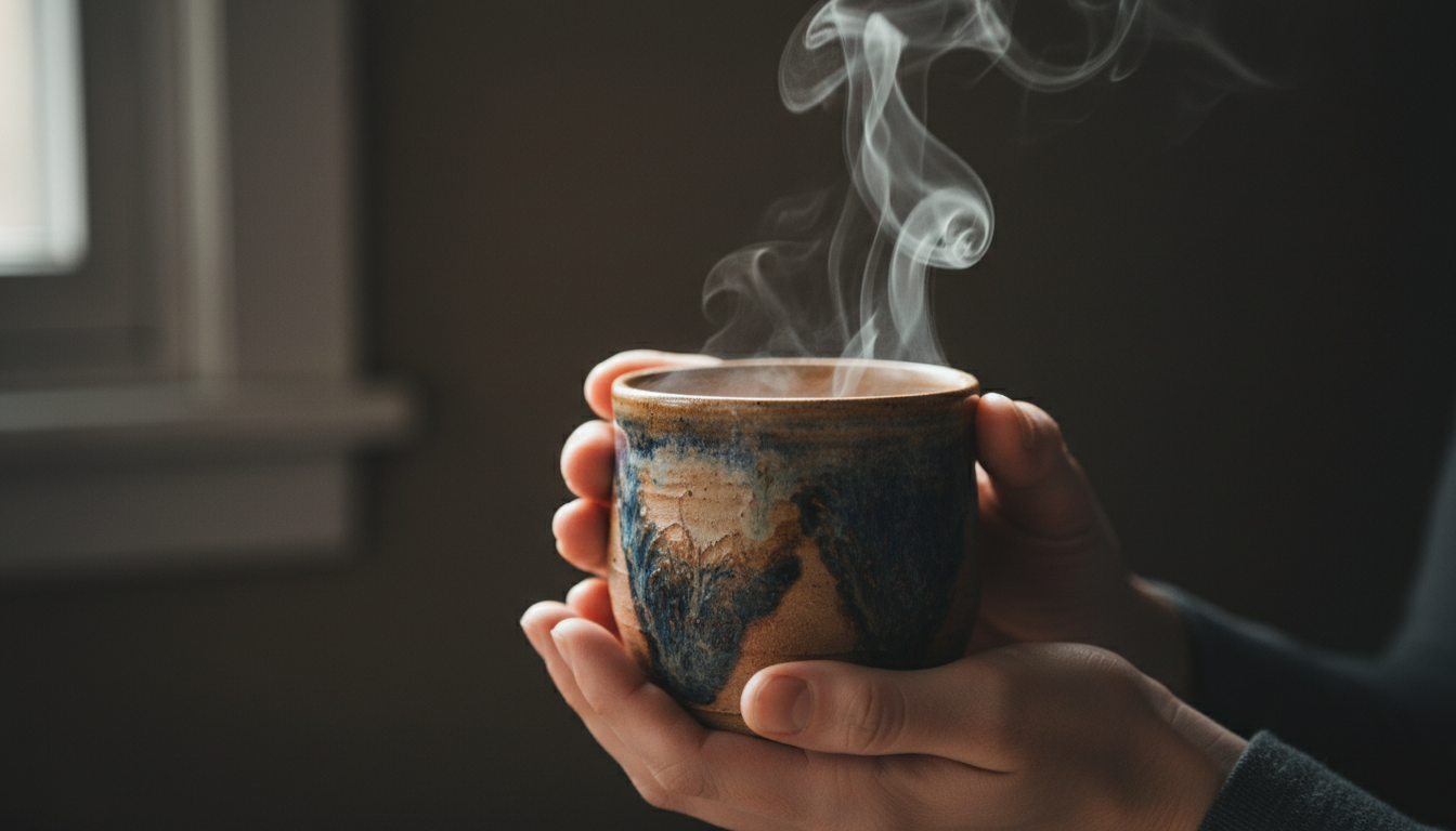 Close-up of a person's hands wrapped around a warm, handmade ceramic mug, steam rising in elegant swirls against a dark, moody background, conveying a sense of warmth, intention, and sensory immersion.