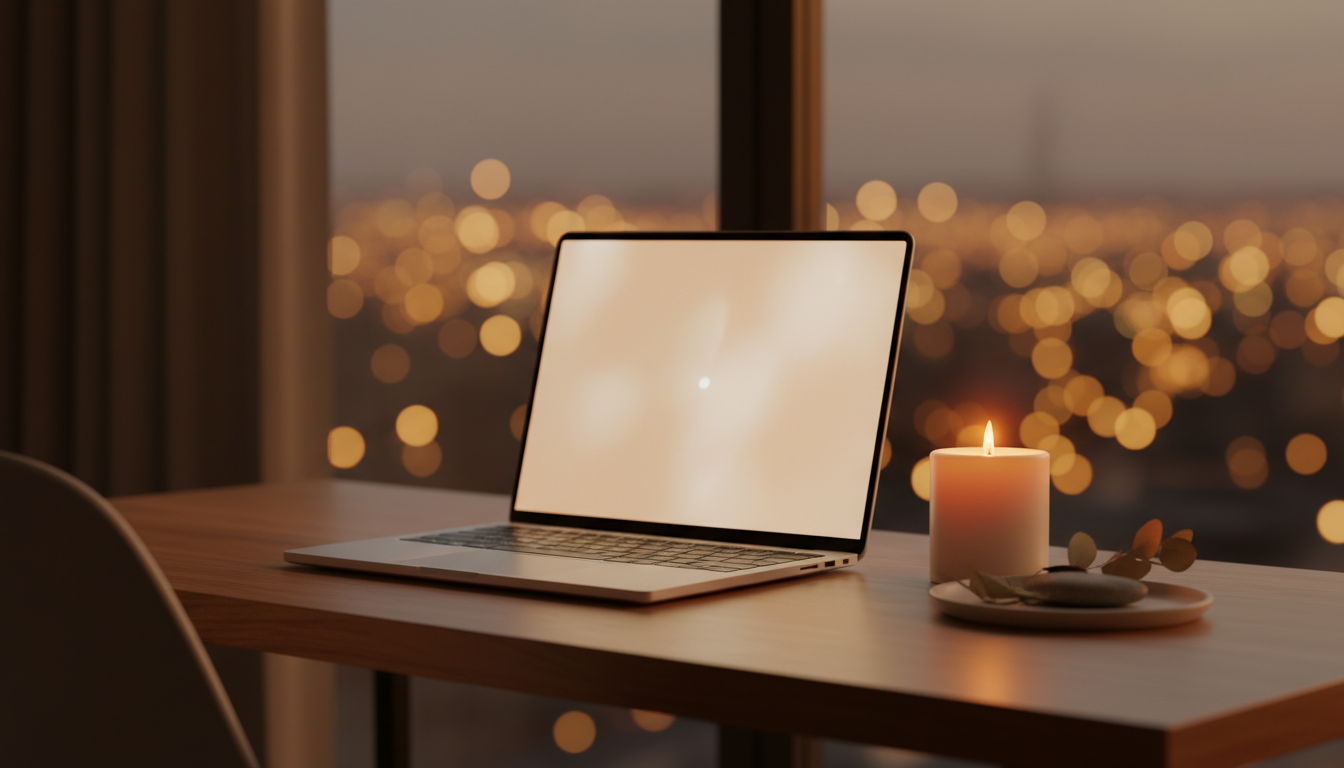 A minimalist and peaceful workspace where a small candle is lit next to a laptop, representing the bridge between productivity and sacred space, soft bokeh background, warm tones.
