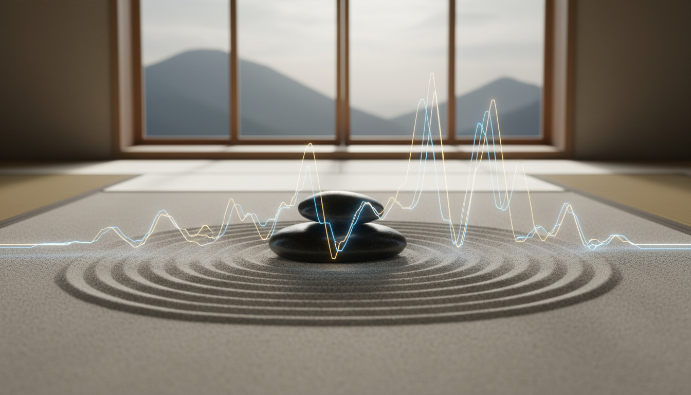 A minimalist Zen sand garden where the raked patterns seamlessly transition into a glowing financial line chart, a single smooth black stone resting at the center of a volatility wave, serene and artistic.