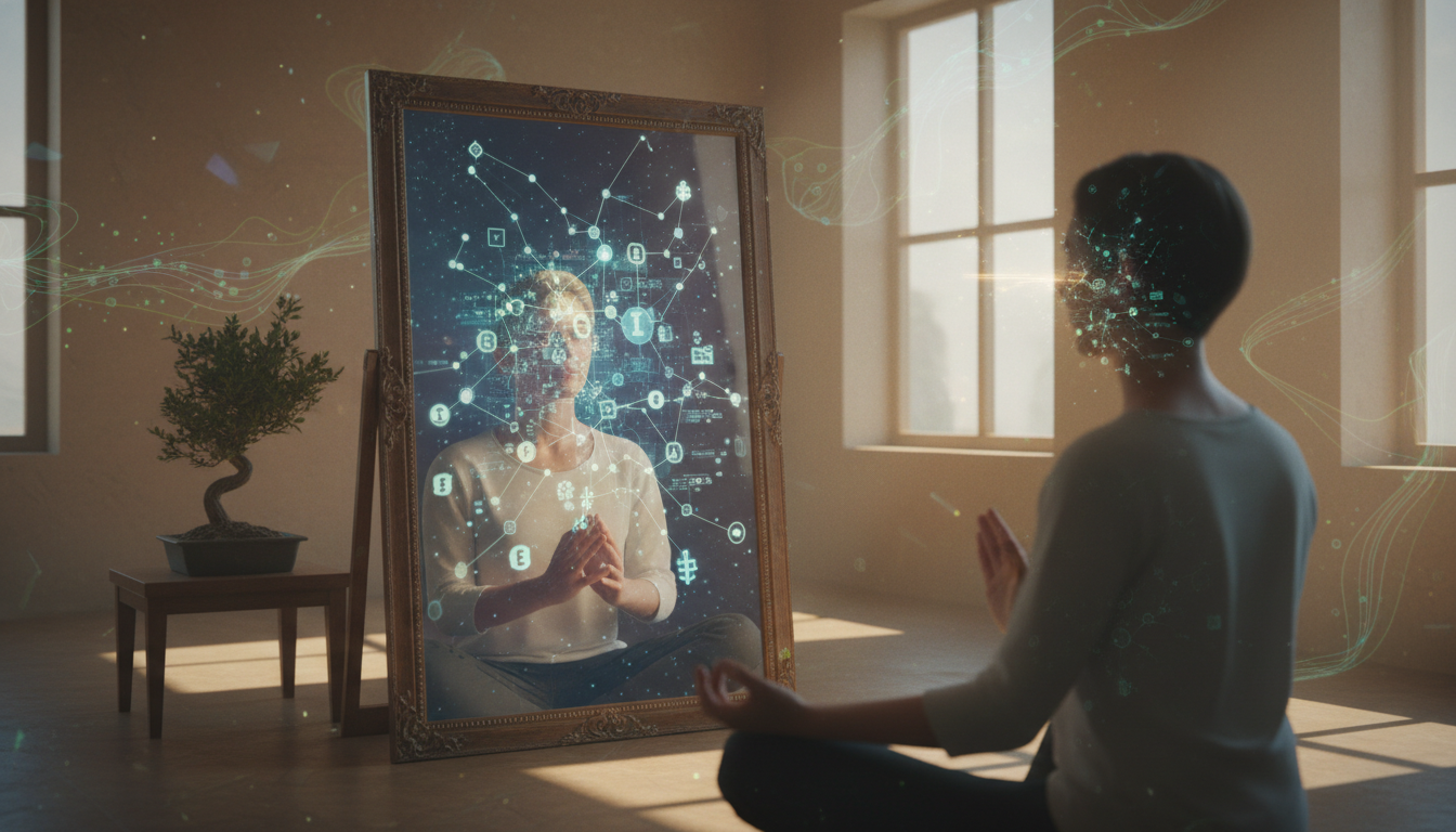 A surrealist image of a person looking at a digital mirror that shows a complex blockchain network instead of a face, symbolizing the fusion of identity and digital assets, soft cinematic lighting.