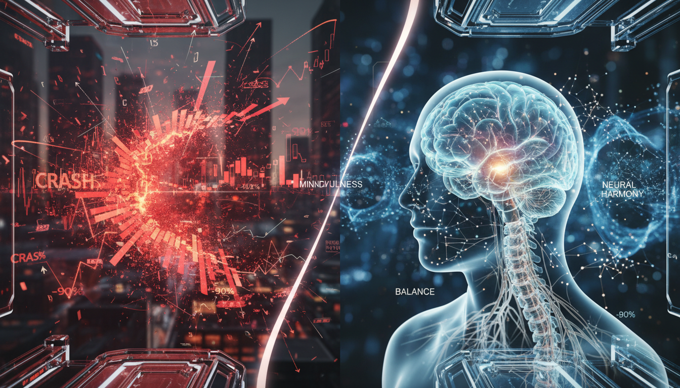 A visual comparison between a chaotic red digital market crash and a calm human nervous system, showing a glowing brain and amygdala in a data-driven environment, futuristic medical style.
