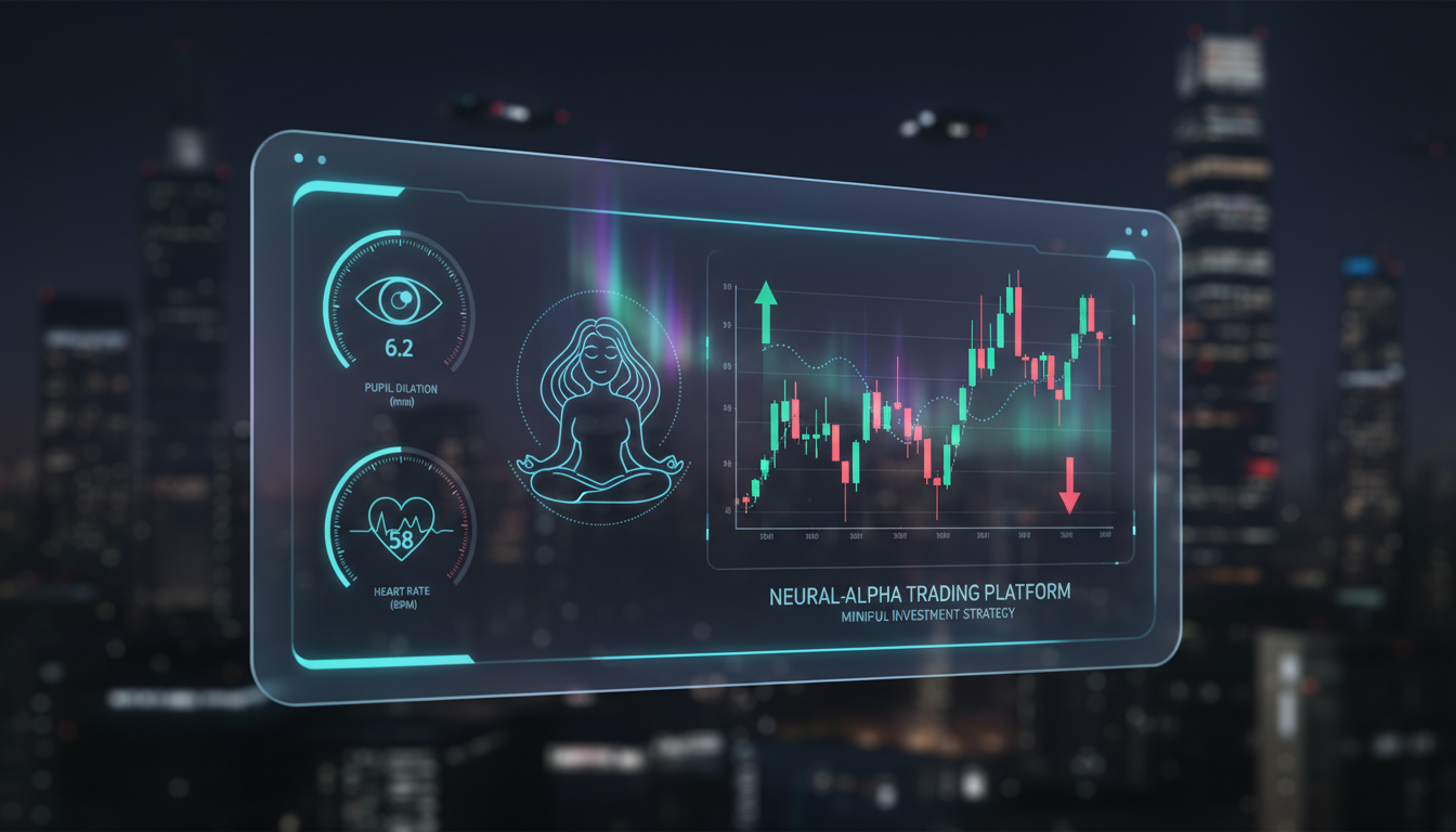 A futuristic biometric trading interface showing pupil dilation and heart rate metrics alongside a peaceful digital avatar, sleek UI/UX design, dark mode theme with neon accents.