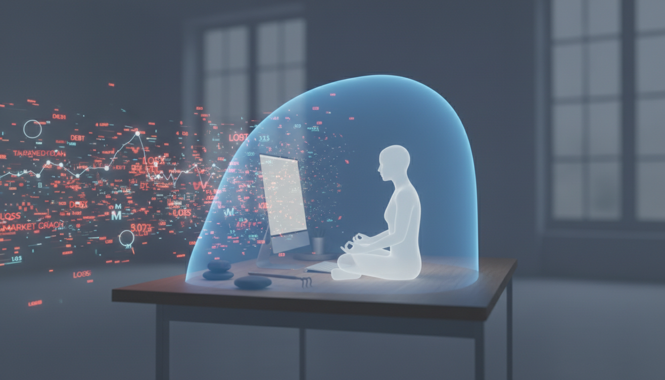 A minimalist representation of a 'firewall' around a human silhouette in front of a computer, with soft blue energy blocking chaotic financial data, zen-like atmosphere, high resolution.