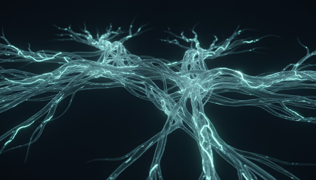 A 3D medical illustration of the human fascia network as a translucent, bioluminescent web of fibers. Subtle electrical sparks or blue light travel through the fibers to represent piezoelectricity. Scientific and clean aesthetic, dark background.