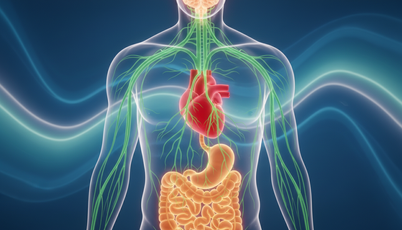 A conceptual digital art piece showing a human torso with the Vagus nerve highlighted as a glowing, calming green filament connecting the brain to the heart and stomach. Soft, rhythmic wave patterns in the background representing a slow heart rate.