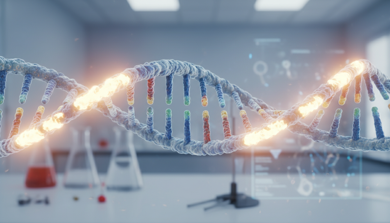 Macro view of a DNA double helix where the ends (telomeres) are glowing with a bright, protective golden light. Modern laboratory aesthetic, soft focus, high-quality 3D render.