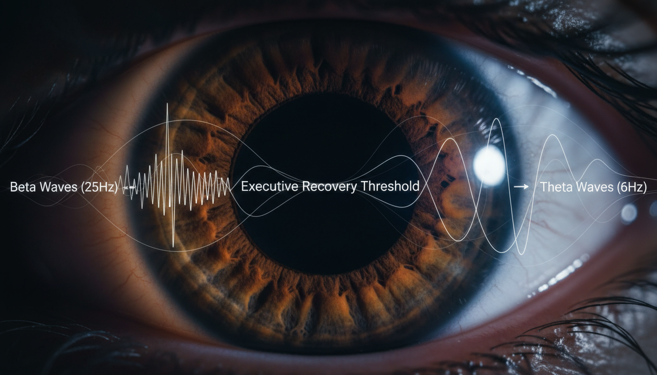 Macro photography of a human pupil dilating in extreme close-up, overlaid with elegant thin-line graphs showing the transition from high-frequency Beta waves (25Hz) to smooth, low-frequency Theta waves (6Hz), translucent digital text reading 'Executive Recovery Threshold', dark and atmospheric lighting.