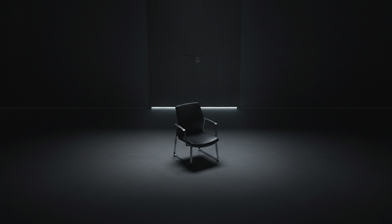 Top-down view of a minimalist, luxury executive office in near-total darkness, only a thin line of light peeking under the door, a single high-end ergonomic chair empty in the center, moody atmosphere of profound silence and absence, cinematic photography, deep shadows and cool charcoal tones.