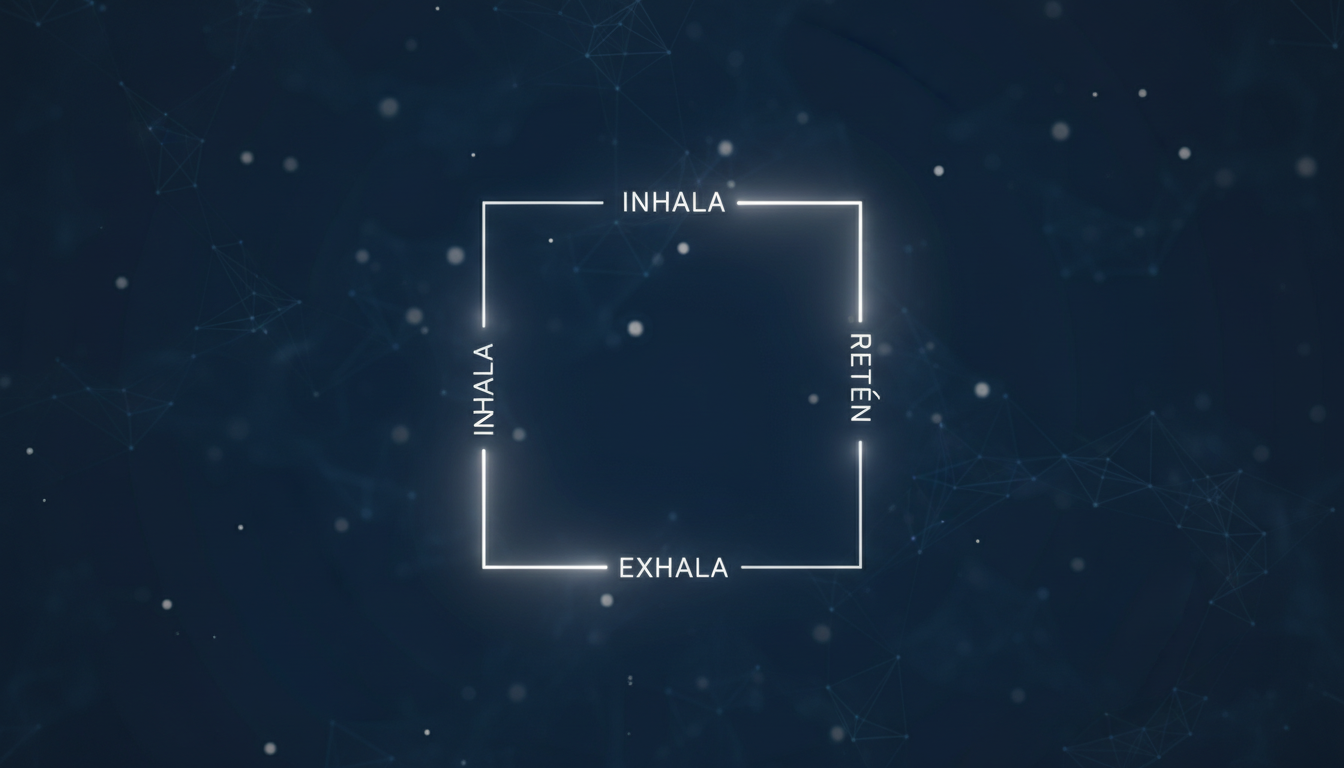 Minimalist digital illustration of a glowing square representing the 'Box Breathing' technique. Each side of the square shows a soft pulse of light with the words 'Inhala', 'Retén', 'Exhala', 'Retén' in elegant, clean typography. The background is a deep navy blue with subtle neural network patterns.
