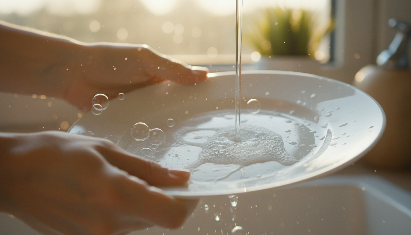 Close-up of hands washing a white ceramic plate with gentle water flow and soap bubbles, warm sunlight reflecting on the textures, macro photography, feeling of presence and sensory calm.