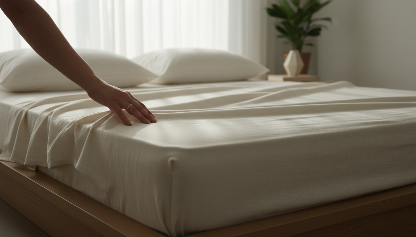 A person's hand carefully smoothing out a high-quality linen bedsheet in a minimalist bedroom, soft neutral tones, emphasis on precision, order and peaceful morning light.