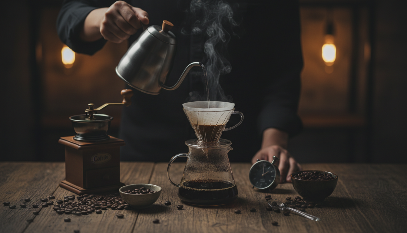 Artistic top-down view of a manual coffee preparation ritual, coffee beans, a wooden grinder, and a slow pour of water into a dripper, dark moody lighting, steam rising, mindful atmosphere.