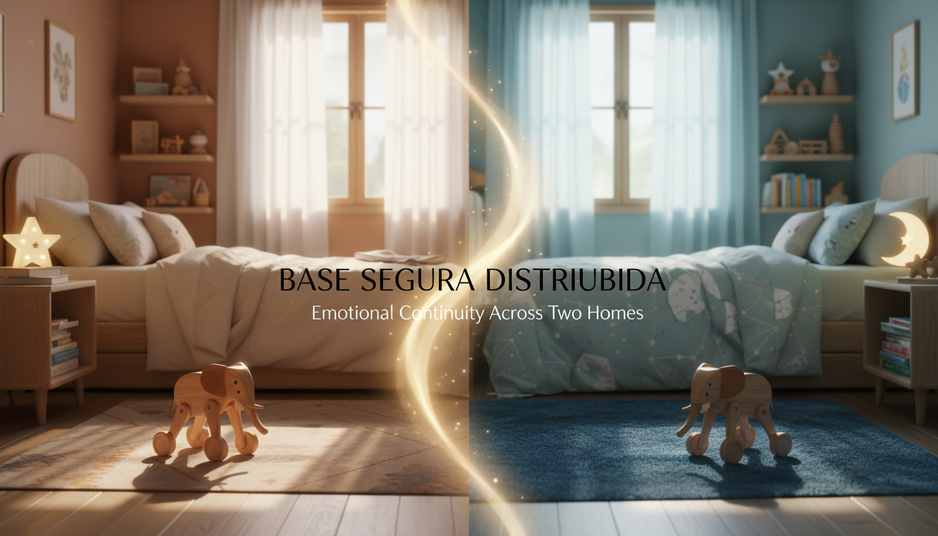 A creative split-screen composition. On the left, a warm-toned bedroom with a wooden toy on the floor. On the right, a slightly different but equally cozy bedroom with the exact same wooden toy. A bridge of soft light connects the two halves, symbolizing the 'Base Segura Distribuida' and emotional continuity across two homes.