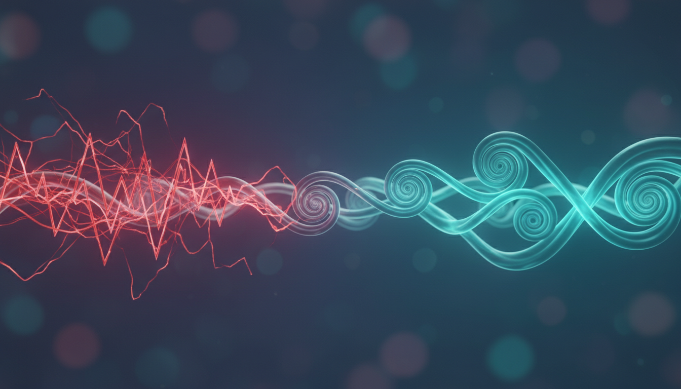 Scientific but artistic visualization of neural pathways. A transition from chaotic, sharp red waves (Beta) to smooth, harmonious cyan and teal waves (Theta). The image conveys a sense of mental clarity and technical precision. Minimalist background.