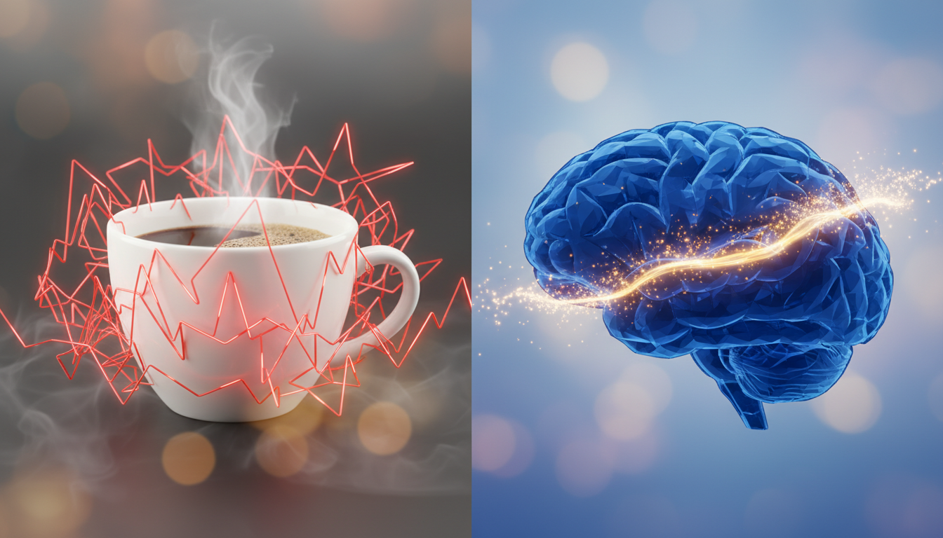 Digital conceptual art split in two. Left side: a coffee cup with vibrating, jagged red lines representing caffeine anxiety. Right side: a human brain silhouette in deep translucent blue, filled with calm, flowing golden light particles representing NSDR recovery. Professional, clean, corporate style.