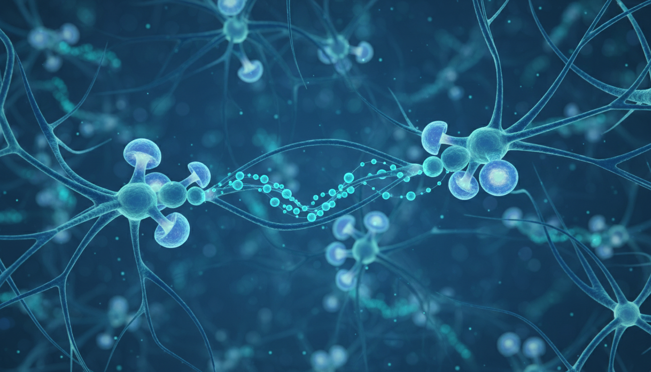 Neurobiological 3D render of human neurons and dopamine receptors, glowing neurotransmitters moving slowly between synapses, professional scientific illustration style, deep blue and teal color palette.