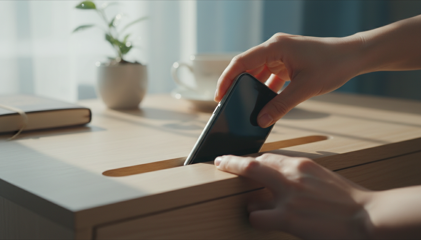 A close-up of a person's hands placing a smartphone inside a wooden drawer and closing it, natural morning light, soft focus, clean and peaceful desk environment.