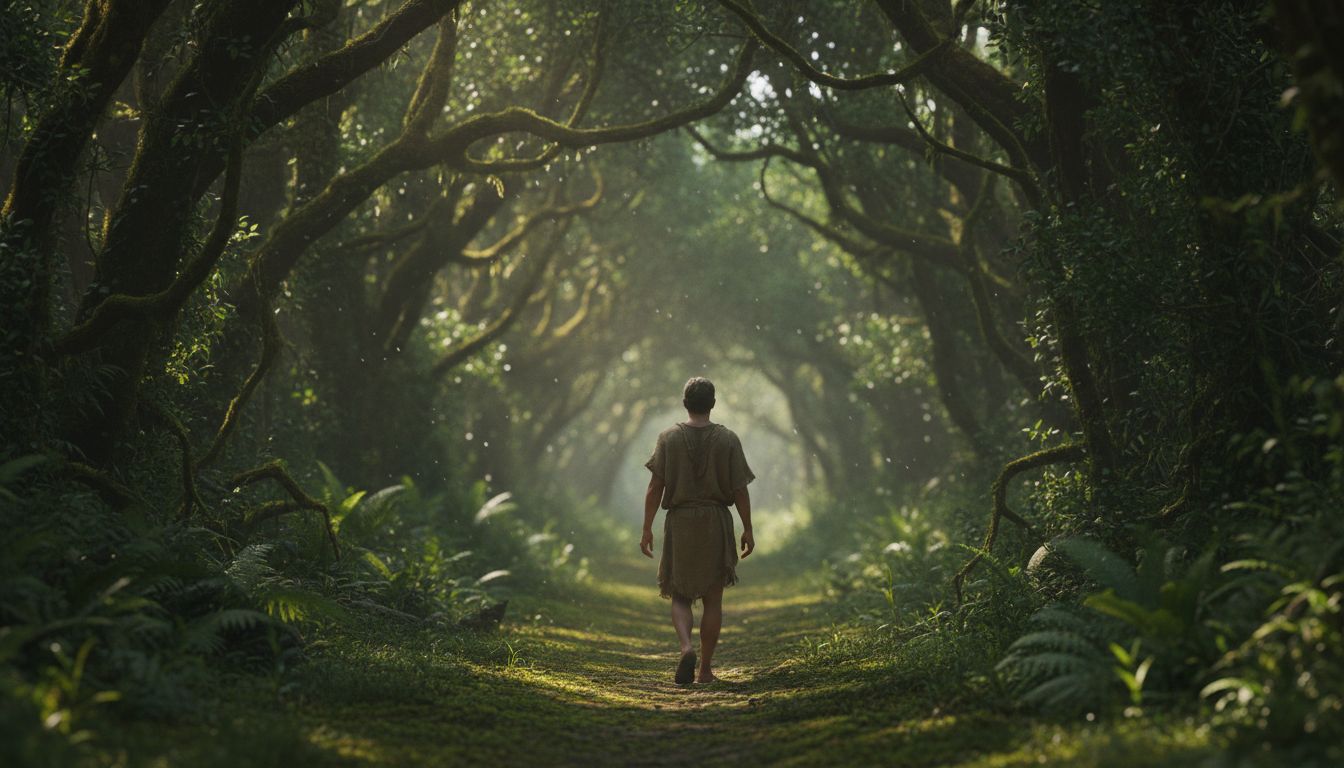 A person walking through a dense, lush green forest seen from behind, no technology in sight, soft sunbeams filtering through leaves, symbolizing freedom and mental clarity.