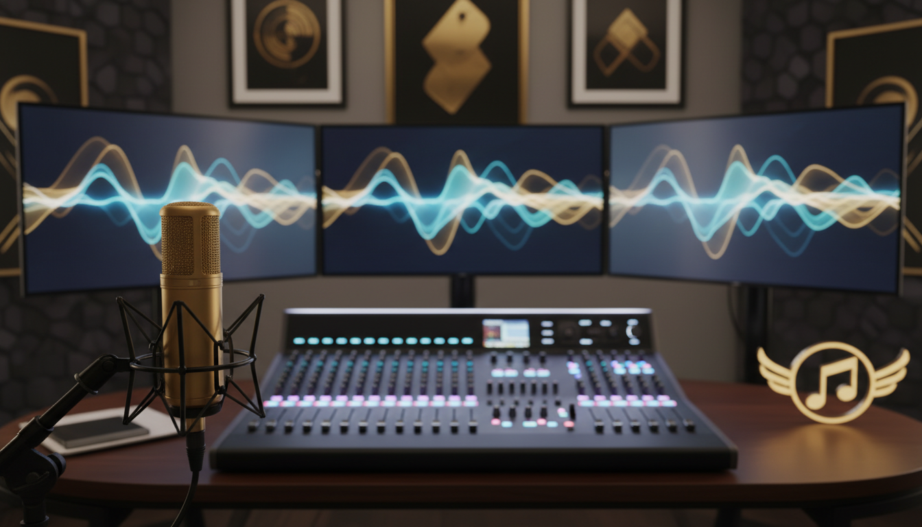 A high-end professional music studio setup with a gold-plated microphone, a modern mixer, and glowing digital screens showing sound waves, symbolizing creative production and financial success, shallow depth of field, elegant atmosphere.