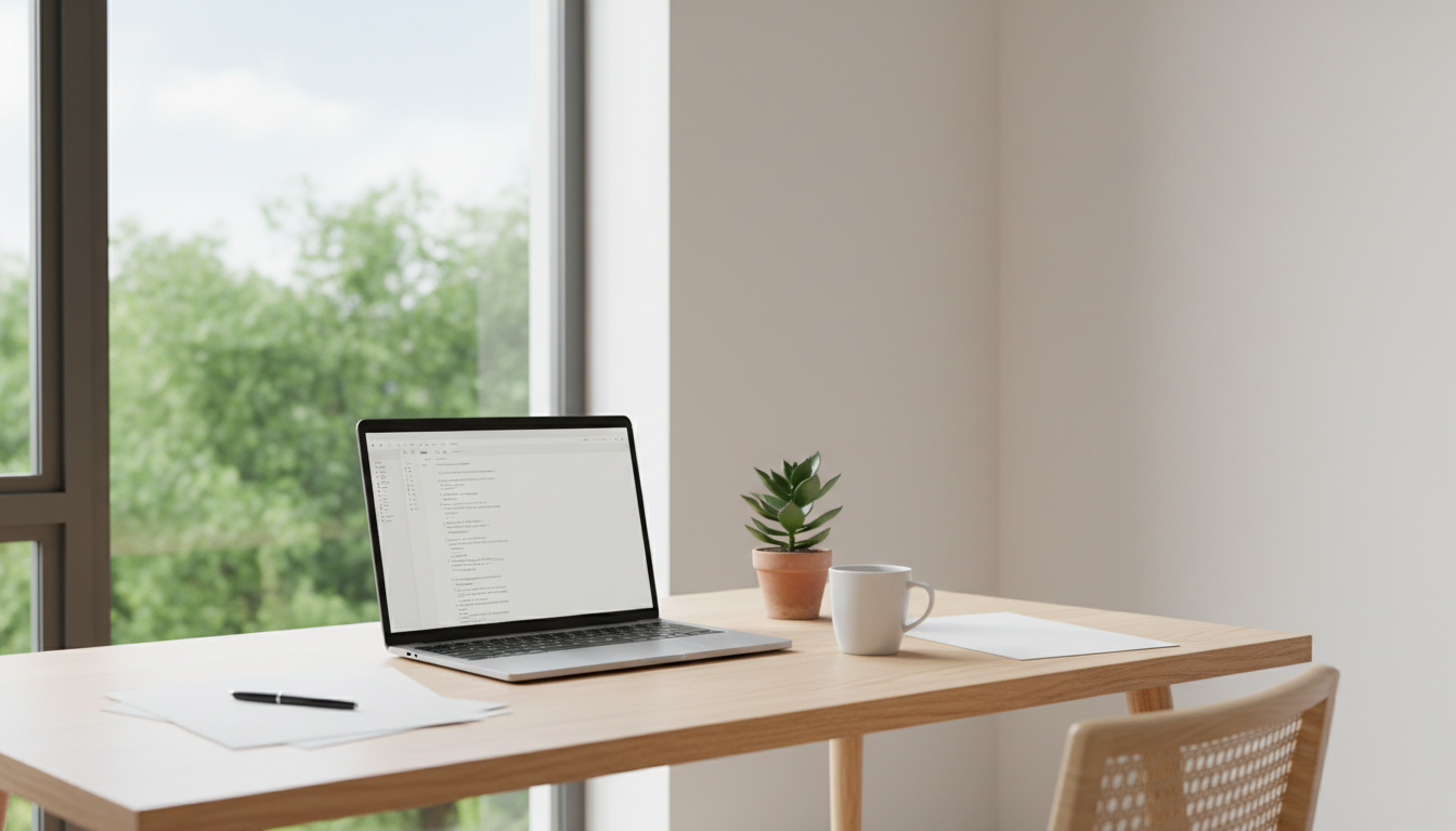 A minimalist and serene workspace featuring a laptop, a cup of coffee, and a small green plant next to a window with bright daylight, representing focus, clarity, and the execution phase of a personal project.