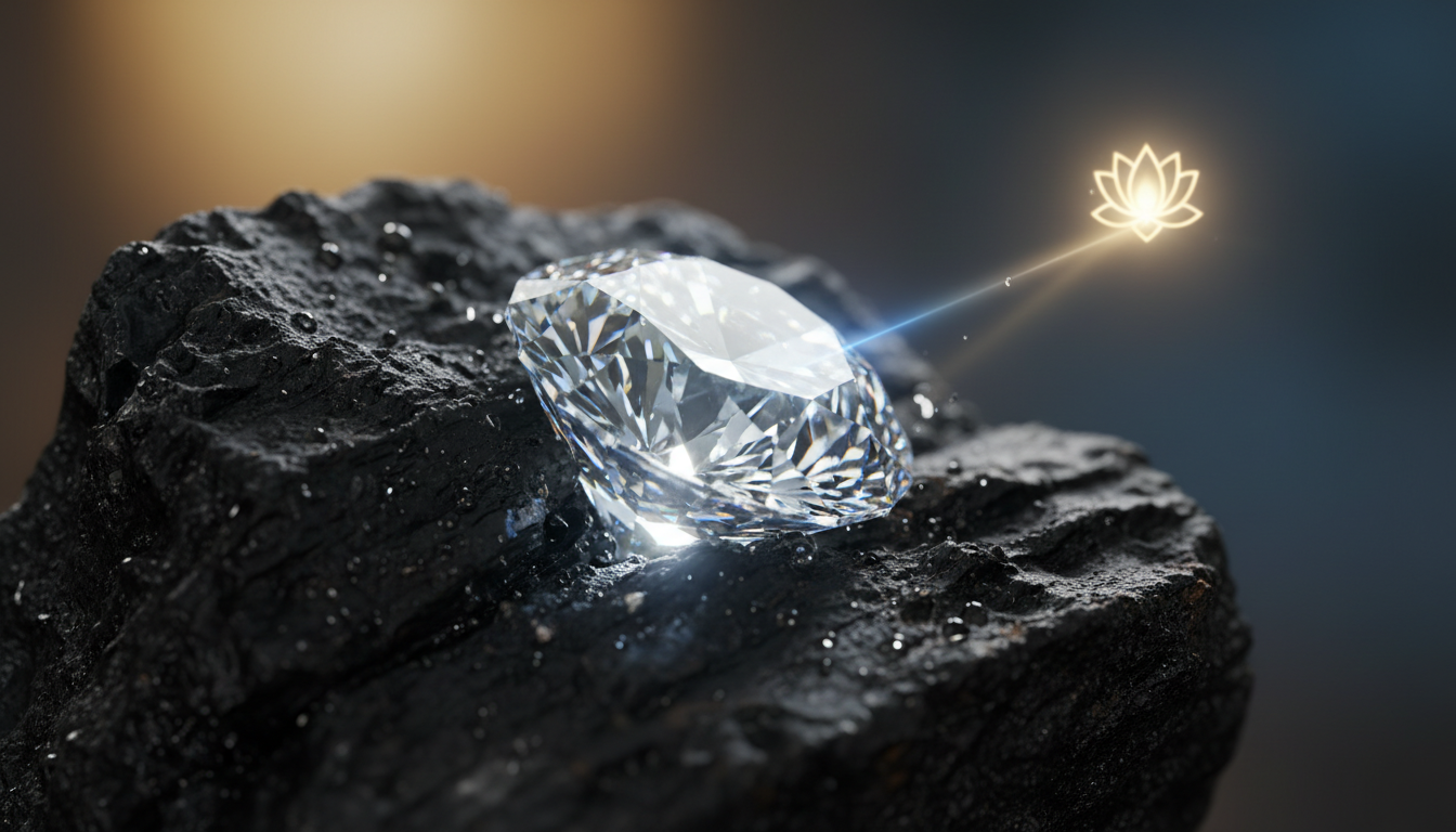 A macro shot of a brilliant diamond emerging from a piece of dark, rough coal, with sharp reflections and dramatic lighting, symbolizing resilience and the creation of value under pressure.