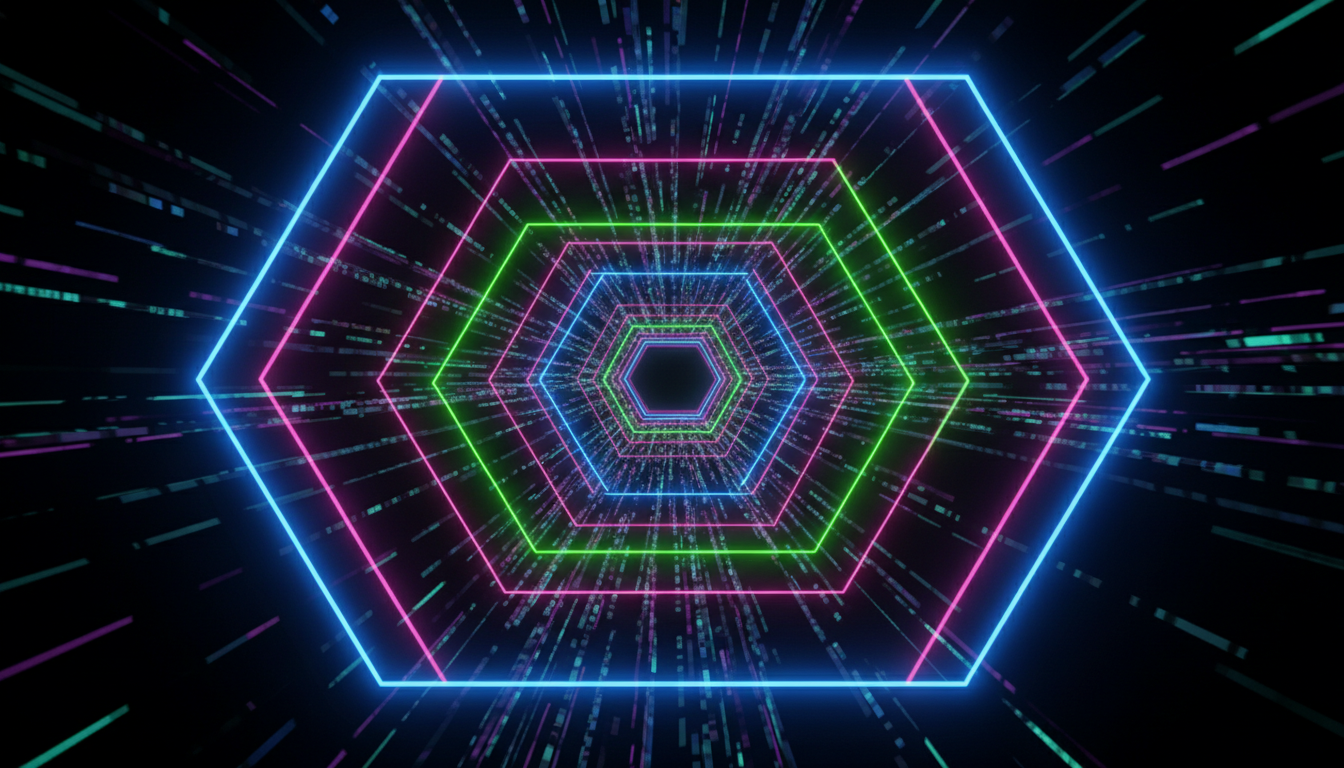 Abstract representation of tunnel vision, a glowing geometric tunnel made of neon light and data streams, dark surroundings, high-speed movement effect, minimalist style.
