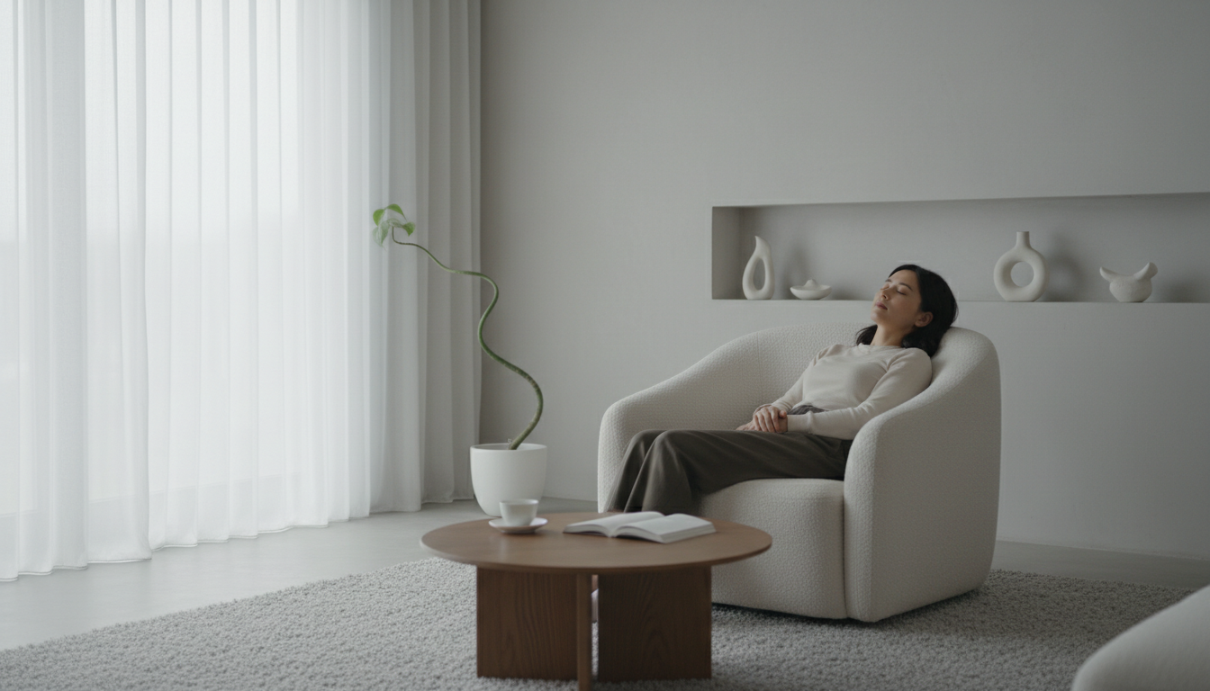 A serene minimalist living room with a person resting eyes closed in a comfortable chair, soft natural light, peaceful atmosphere, representing NSDR and deep rest.
