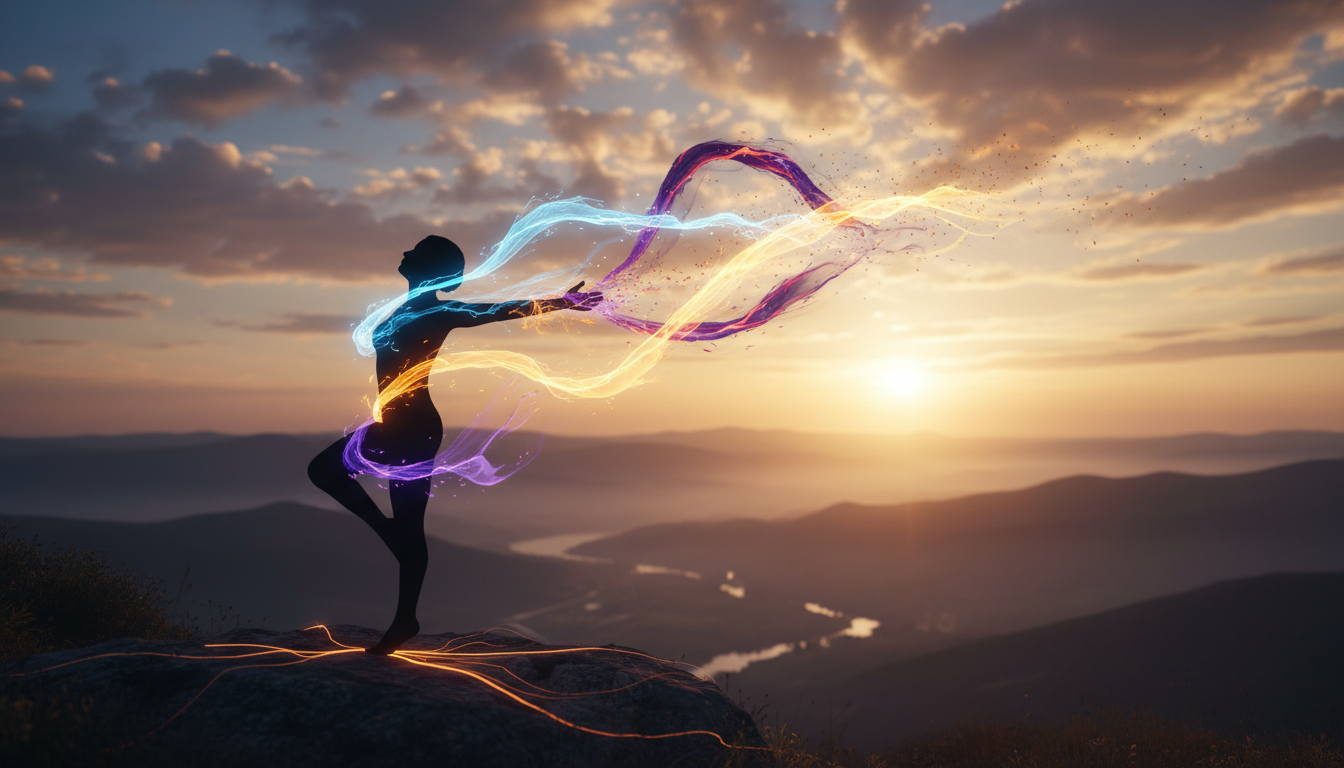 Silhouette of a person performing a dynamic energy release movement outdoors at sunrise, vibrant colors, representing stress relief and nervous system regulation.