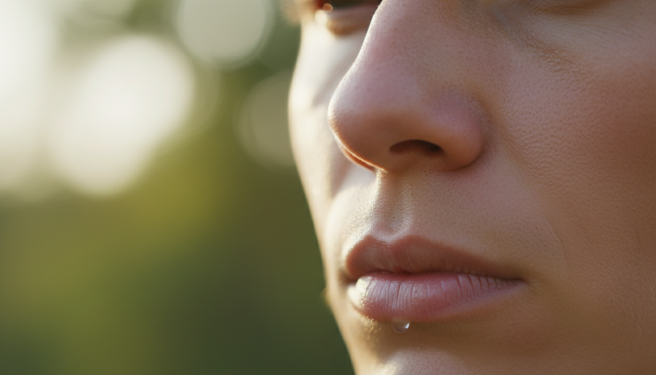 Macro photography of an athlete's nose and closed mouth, emphasizing rhythmic nasal breathing, soft outdoor lighting, athletic texture.