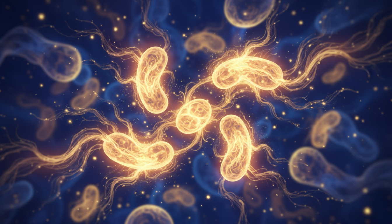 Abstract artistic illustration of human cells or mitochondria glowing with golden energy, representing internal power, resilience, and vitality.