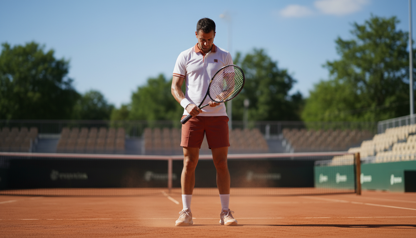 A professional tennis player standing on a clay court, looking down with extreme focus at the strings of his racket during a brief pause, capturing a moment of silence and reset.