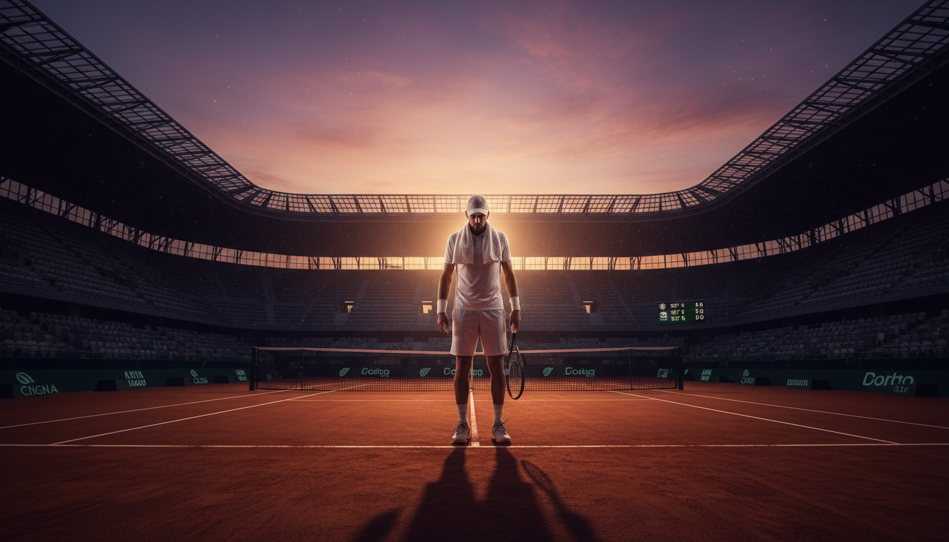Cinematic wide shot of a professional tennis player on a grand stadium court at dusk, head bowed in extreme concentration and silence, dramatic lighting casting long shadows, high-resolution photography, atmosphere of mental strength.