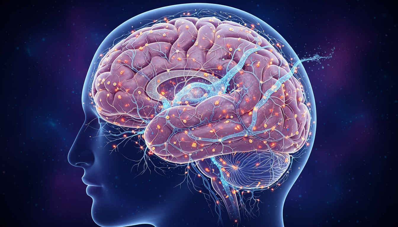 Detailed anatomical illustration of the human brain during sleep showing the glymphatic system clearing metabolic waste, glowing neurons, dark background with deep blue and purple tones.