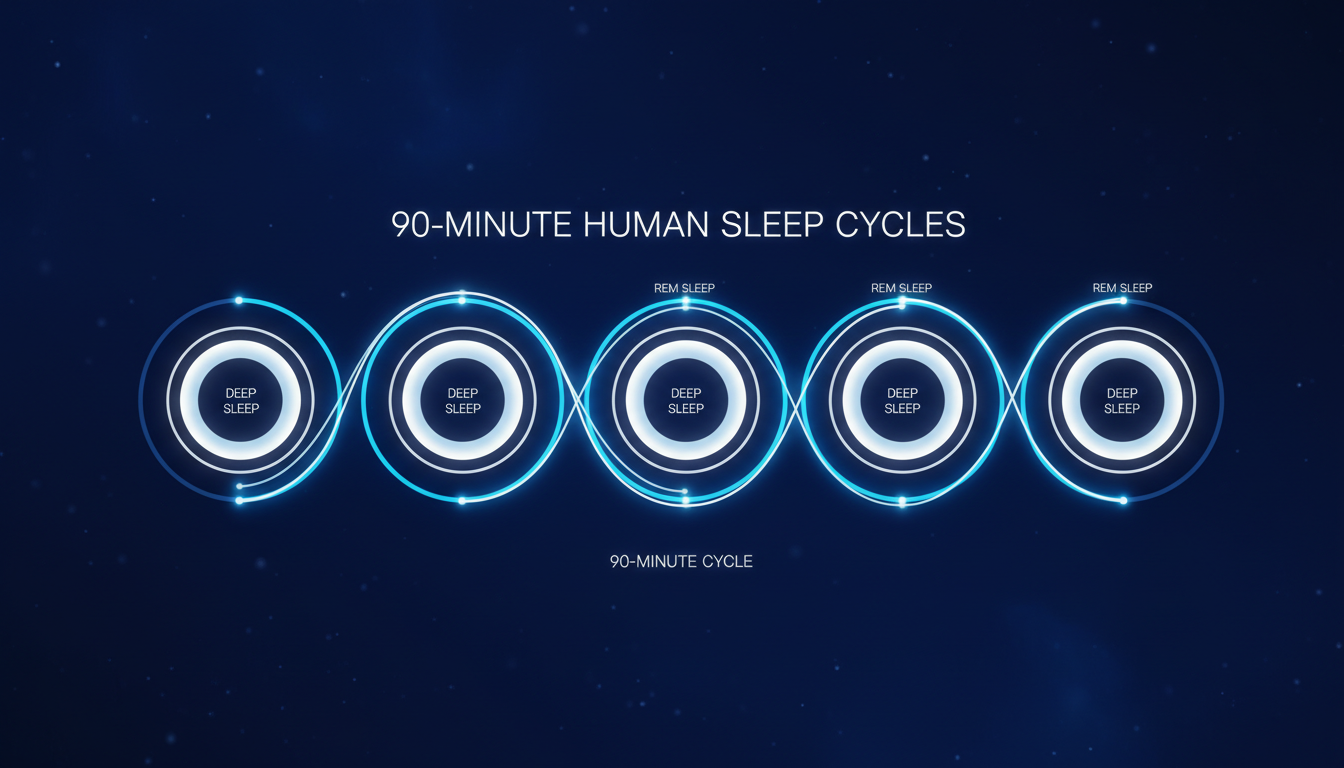 Minimalist infographic illustrating 90-minute sleep cycles with glowing blue and white circles, clean design, sports science aesthetic.
