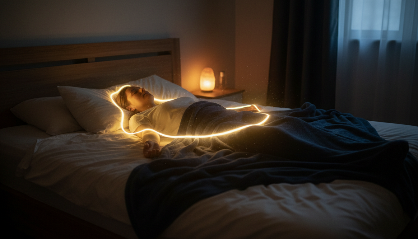 A person lying in bed in a dark room with a soft aura of light around their body representing a body scan meditation, calm and restorative energy, cinematic lighting.