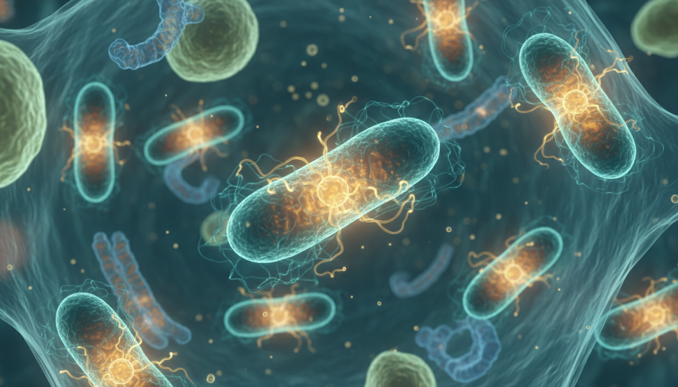 Microscopic view of healthy mitochondria glowing with energy inside a cell, vibrant teal and gold colors, representing cellular regeneration and high ATP production.