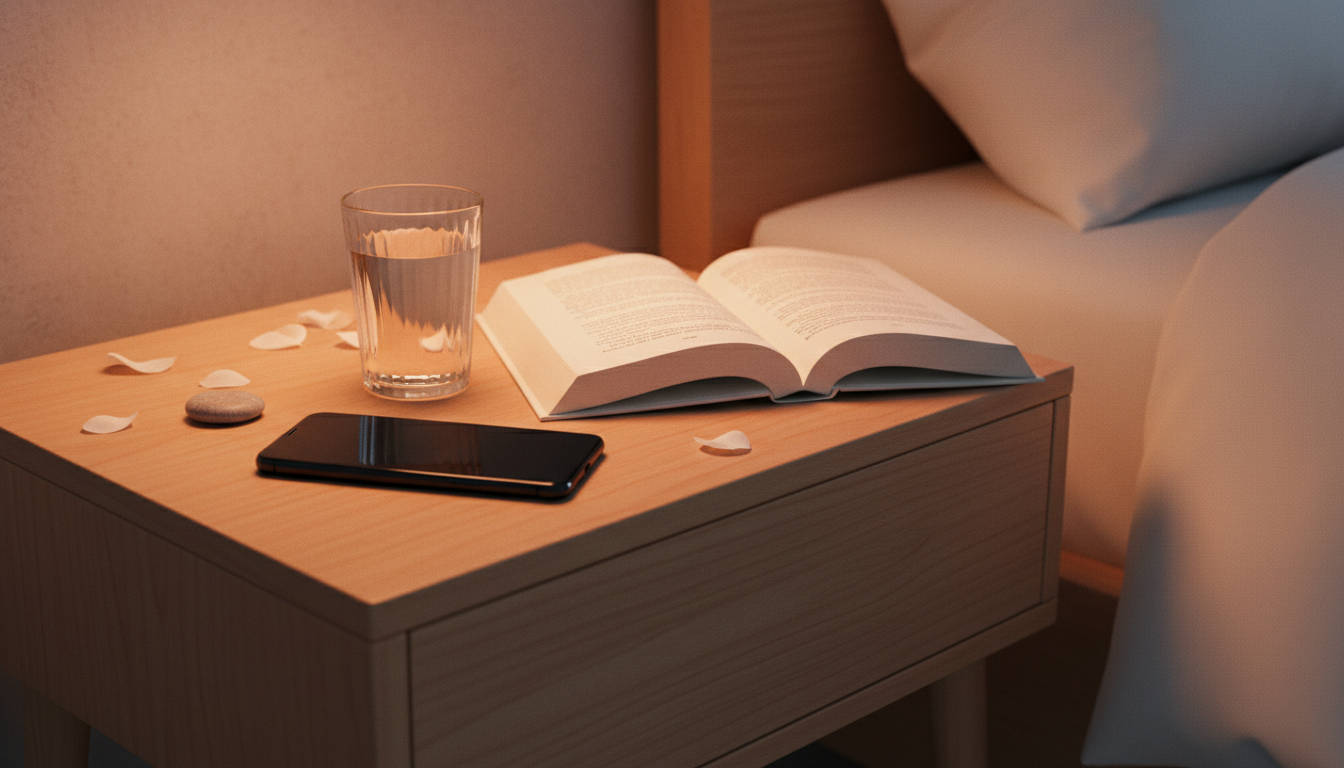A modern nightstand with a smartphone switched off next to a book and a glass of water, warm orange ambient lighting representing the digital sunset, cozy and calm atmosphere.