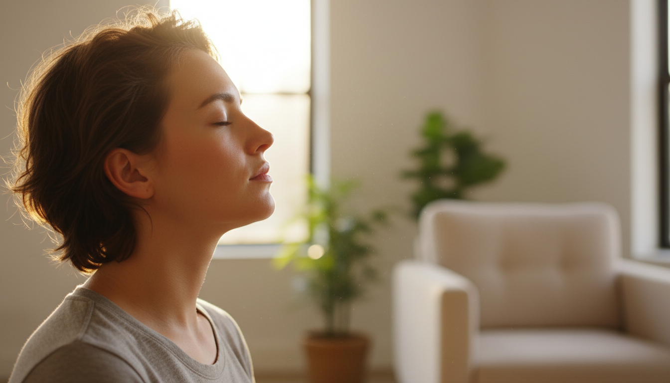 Close-up of a person with eyes closed practicing deep, rhythmic breathing in a sunlit, peaceful room, showing focus and relaxation.