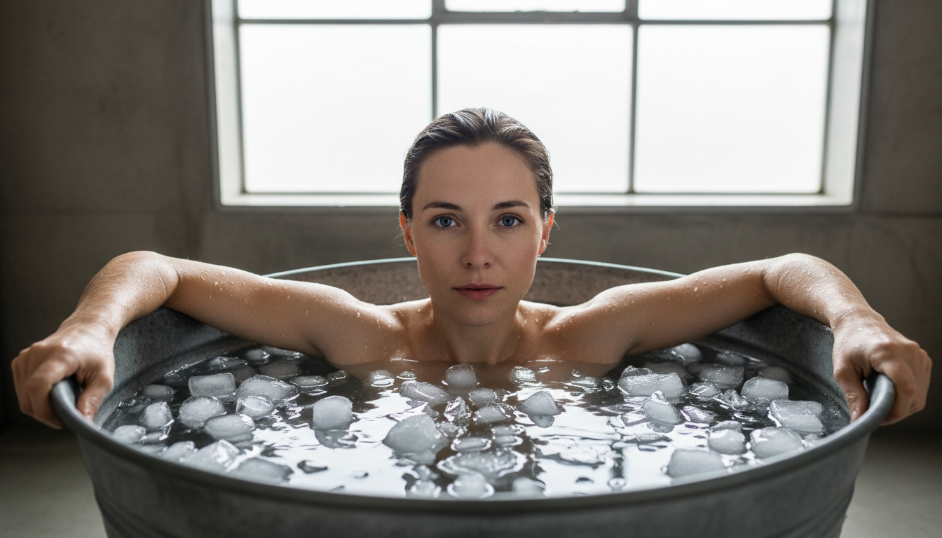 A person submerged in a metal tub filled with water and ice cubes, looking calm and controlled while maintaining eye contact, professional photography.
