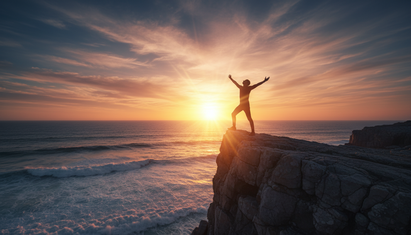 A silhouette of a person standing triumphantly on a high cliff over the ocean at sunrise, representing mental clarity, high energy, and dopamine release.