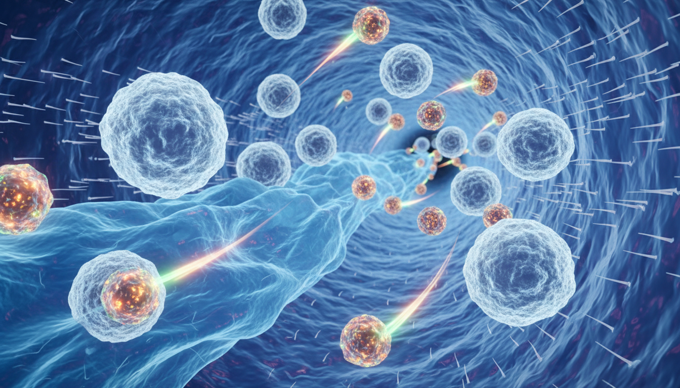 Microscopic 3D illustration of white blood cells and anti-inflammatory molecules moving through a blue-toned bloodstream, representing biological resilience.