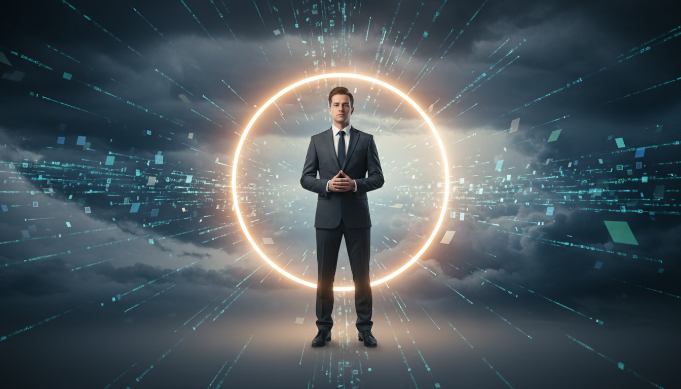 A minimalist conceptual image showing a person in a business suit standing calmly inside a glowing circle of light, while outside the circle there is a chaotic storm of dark clouds and flying digital data. This represents the stoic dichotomy of control and mental focus.