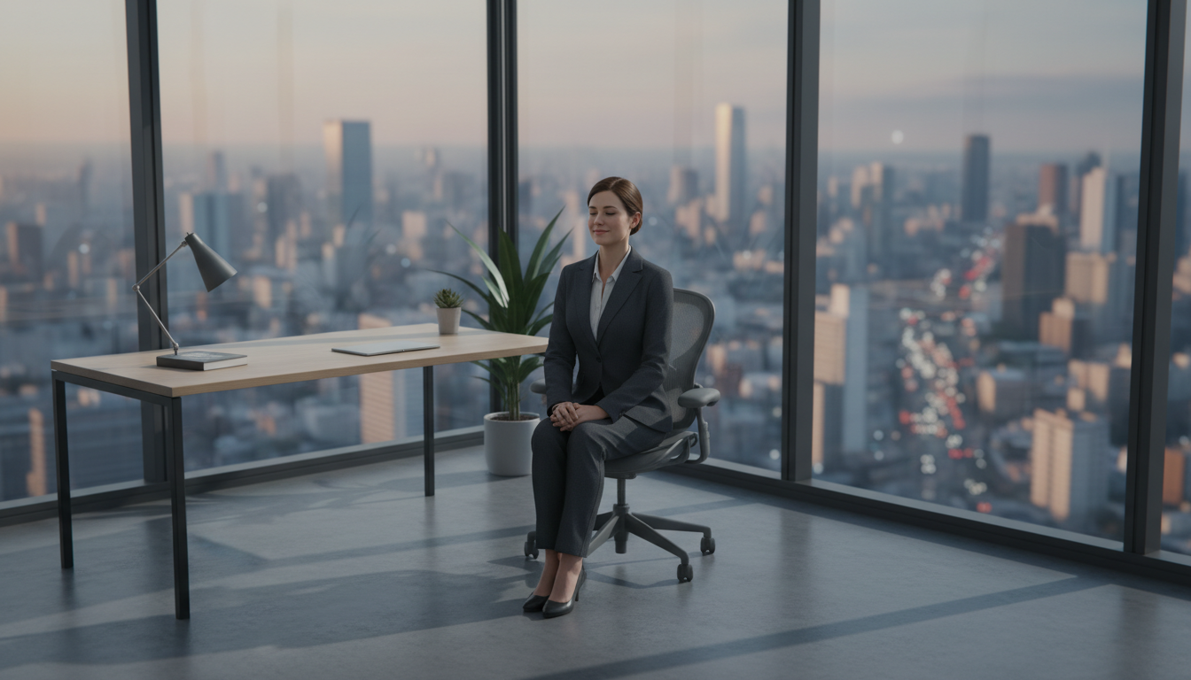 A professional executive sitting in a modern, glass-walled office, looking out at a vast, blurred cityscape. The person has a serene expression, practicing 'reencuadre cognitivo'. The image should convey a sense of calm, analytical detachment and inner peace amidst a busy world.