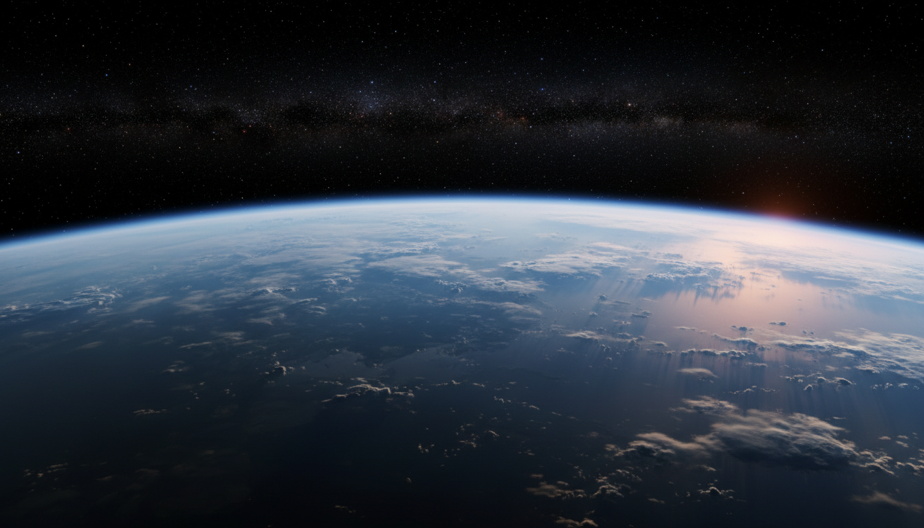 An awe-inspiring wide-angle view of the Earth from space, showing the curve of the planet and the thin atmosphere against the blackness of the cosmos. The image evokes the 'View from Above' stoic exercise, emphasizing perspective and the scale of human events.