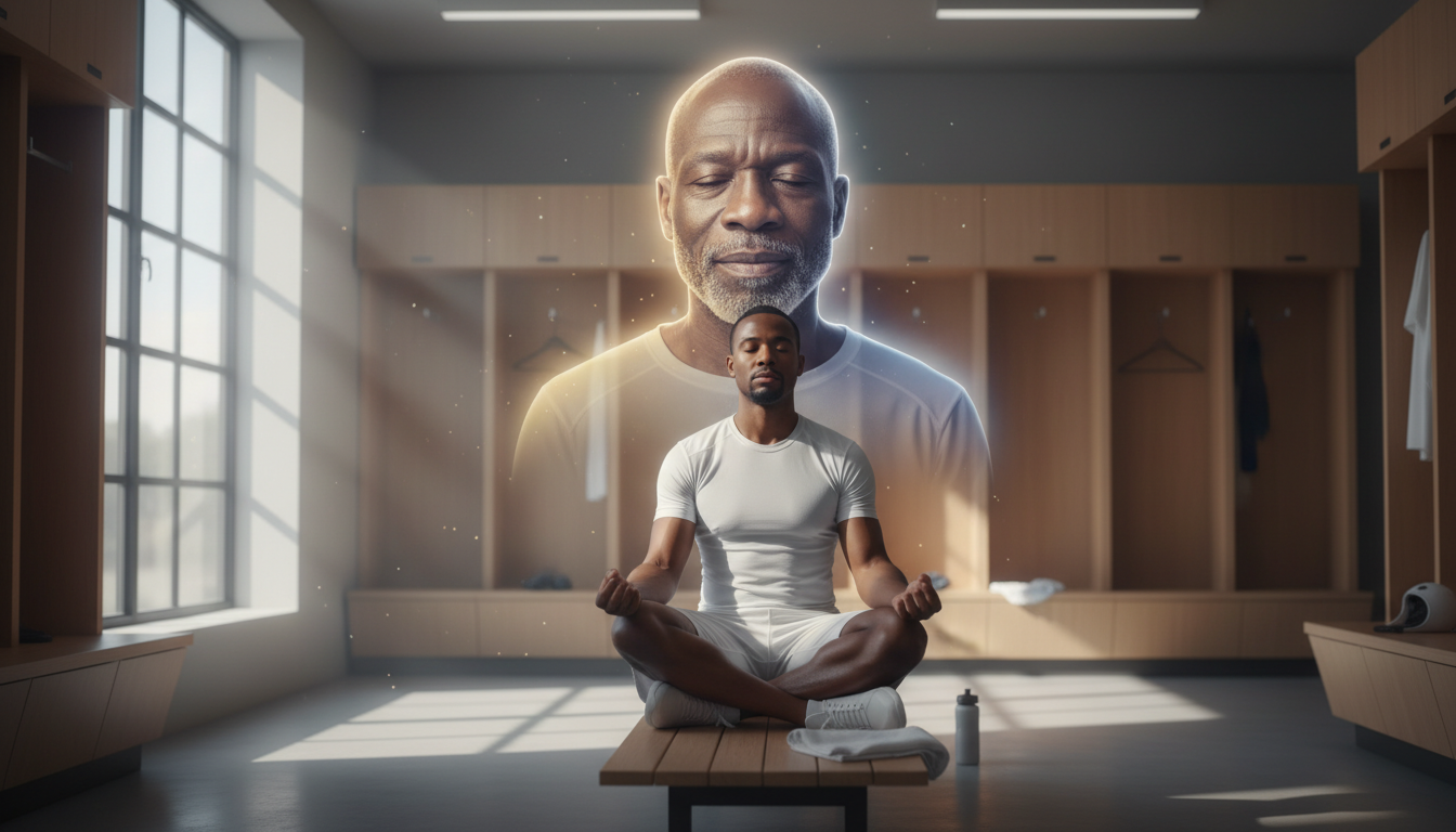 A minimalist and serene image of an athlete meditating in a locker room before a game, soft morning light, representing mental clarity and the influence of George Mumford.