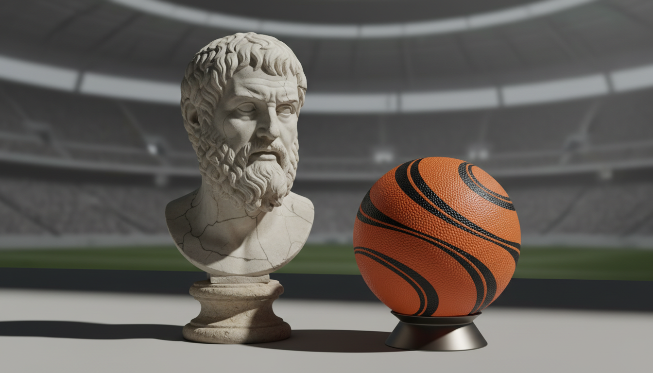 A conceptual artistic image showing a marble Roman statue head next to a modern basketball, symbolizing the connection between Stoicism and modern high-performance psychology.