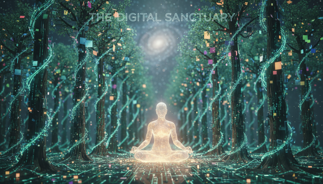 Un bosque digital donde los árboles están formados por líneas de código ascendentes y hojas de datos brillantes.