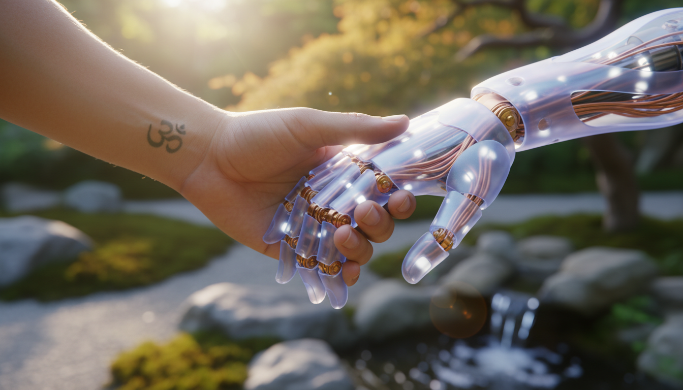 Un primer plano de una mano humana estrechando una mano robótica de diseño elegante y translúcido.